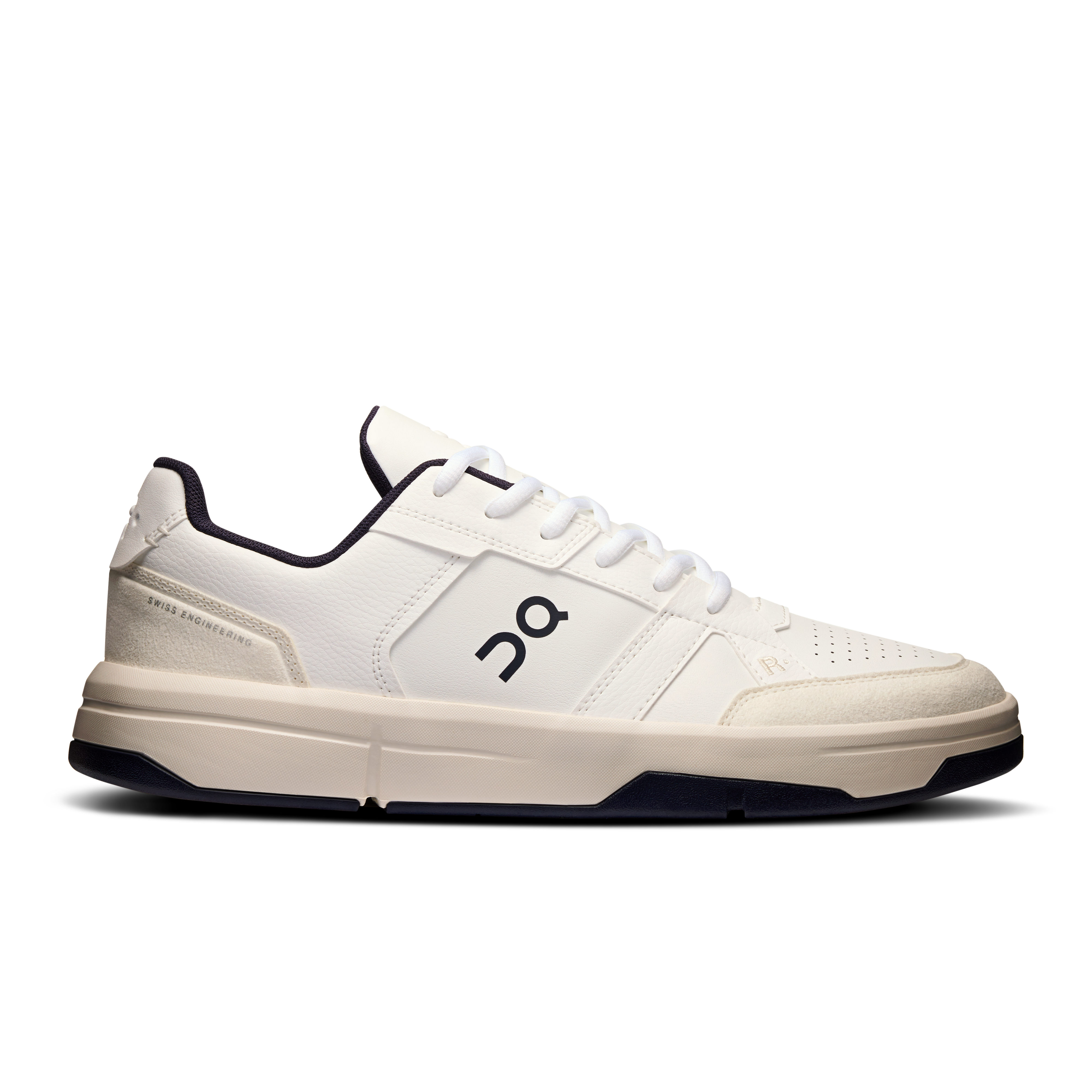 The Roger Clubhouse mens sneaker in White & midnight by On Running – a stylish, cushioned tennis-inspired shoe for all-day comfort